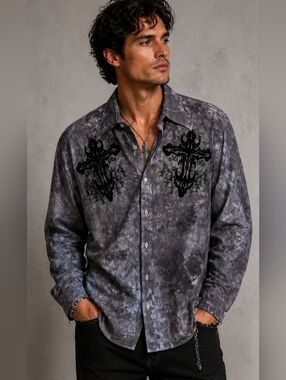 Eighty Eight Mens Button Down Shirt Gray Black Tie-Dye XXL